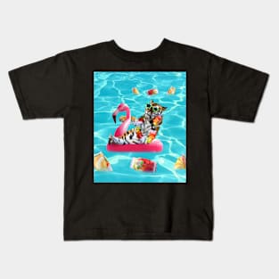 Tiger Chilling On Flamingo Floatie In Pool Sunglasses Funny Kids T-Shirt